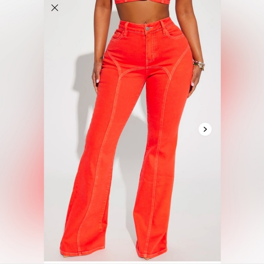 NWT Fashion Nova Orange White Stitch All Fire Up Mid Rise Flare Jeans